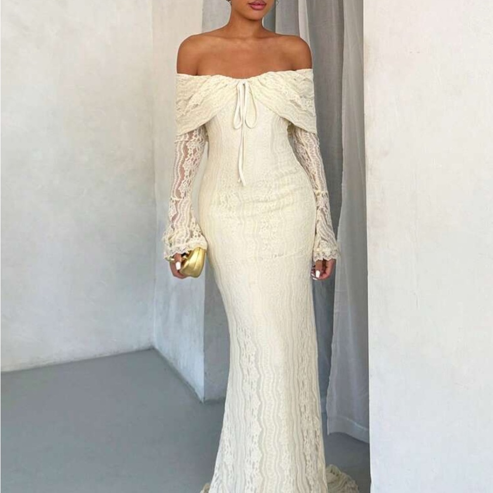 SHEIN Cream Off-Shoulder Bishop Sleeve Gown